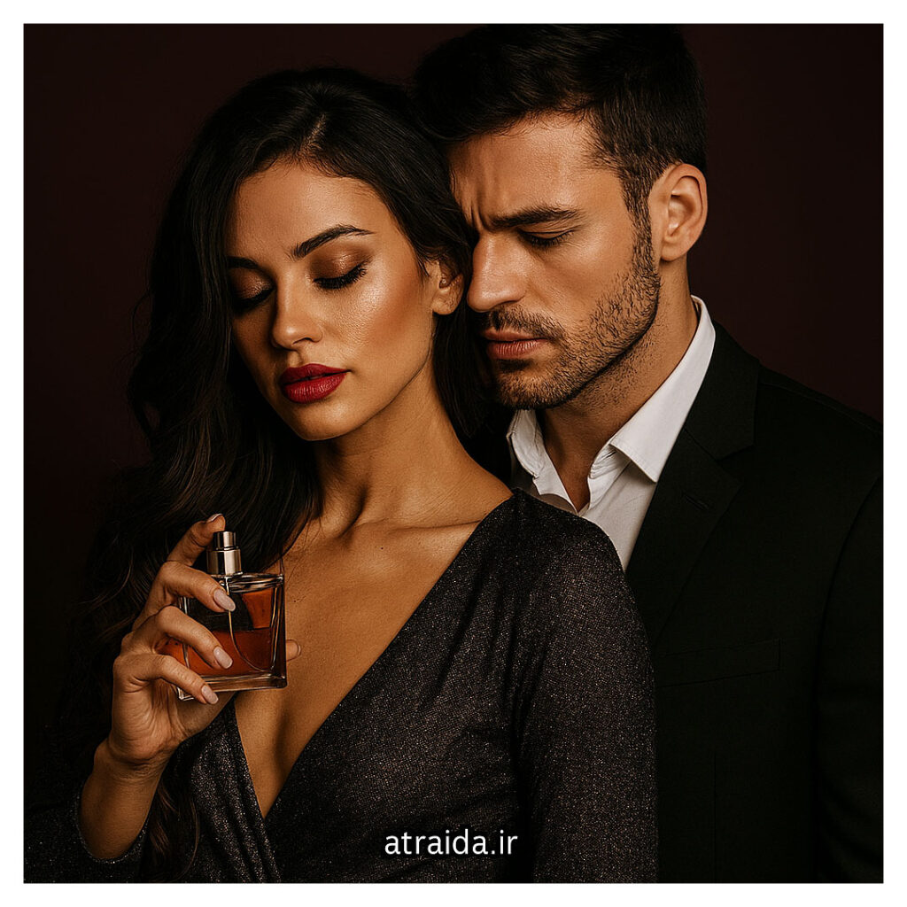 یک بطری ادکلن شیک "ادکلن سکسی" روی سطح مخملی تیره قرار گرفته، با نورپردازی نرم که حس جذابیت و رمزآلود بودن را القا می‌کند. «atraida.ir» هویت برند درج شده است.