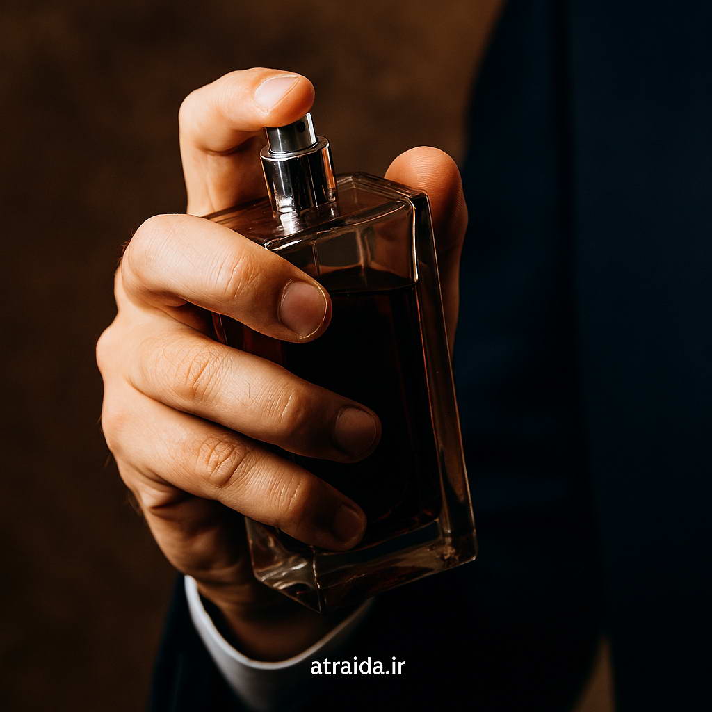تصویر دست مردانه در حال اسپری کردن خوشبوترین عطر مردانه با رنگ کهربایی است . پس‌زمینه‌ی گرم و بافت‌دار، حس طبیعی و شیک بودن را تقویت می‌کند نام "atraida.ir" برند عطر آیدا ( امیر عطری) در پایین تصویر، هویت برند است