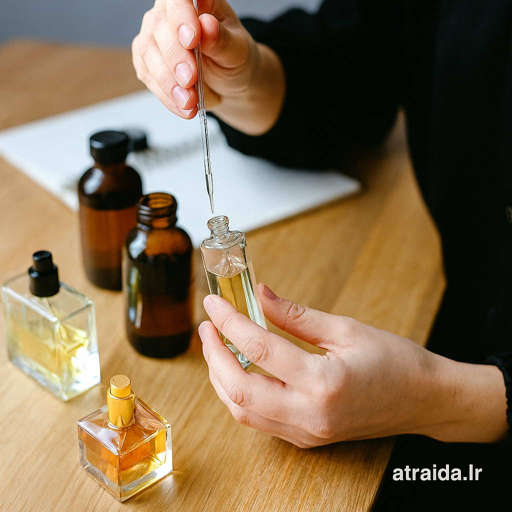 "ترکیب دستی اسانس‌های طبیعی برای ساخت عطر ترکیبی در بطری شیشه‌ای، همراه با ابزار عطرسازی روی میز چوبی – برند atraida.ir" عطر آیدا ( امیر عطری )