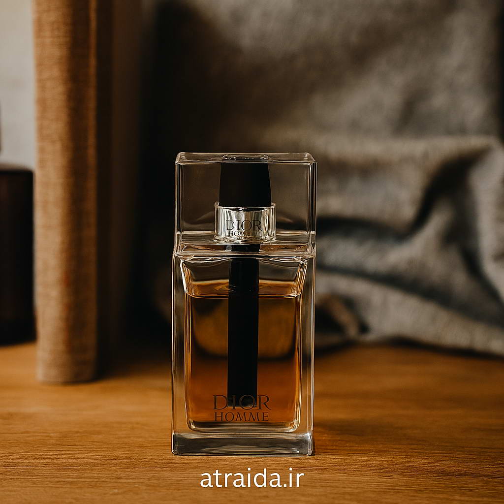 این تصویر عطر دیور هوم روی سطح چوبی قرار گرفته که حس لوکس بودن و ظرافت مردانه را القا می‌کن برچسب "atraida.ir" مالکیت عطر آیدا ( امیر عطری ) است.