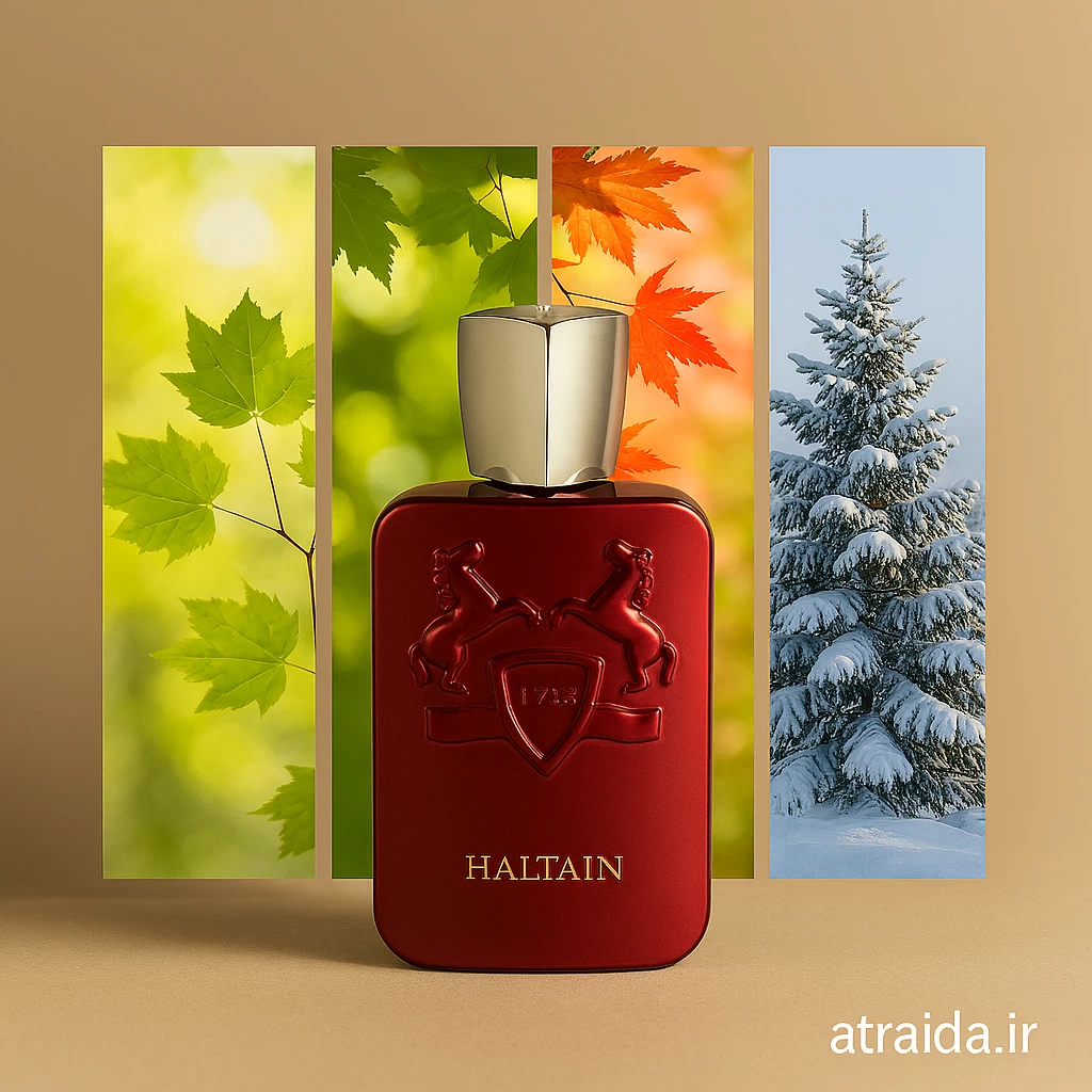 مارلی هالتان مناسب چه فصلی است؟ ، بطری عطر Parfums de Marly Haltane چهار پنل فصلی (بهار، تابستان، پاییز، زمستان) که این عطر در چه فصل‌هایی می‌تواند بیشترین جلوه را داشته باشد. عطر آیدا امیر عطری